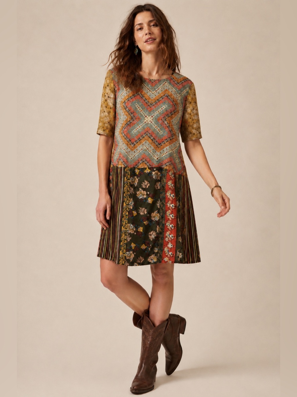 Anthropologie Tiny Patchwork Tunic Dress Oversized Mixed Print Boho